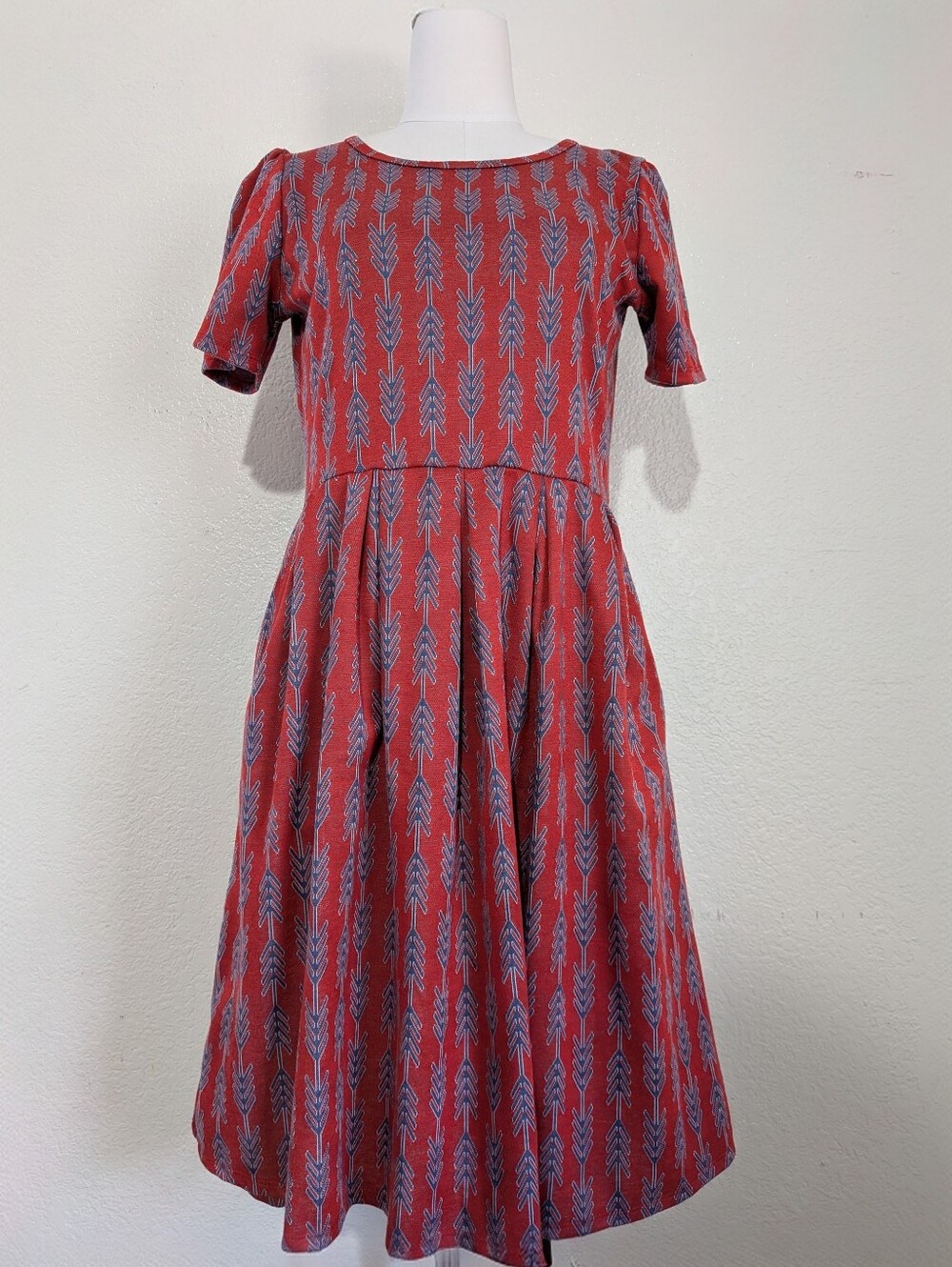 LuLaRoe Red Dress with Blue Leaf Pattern Size Large